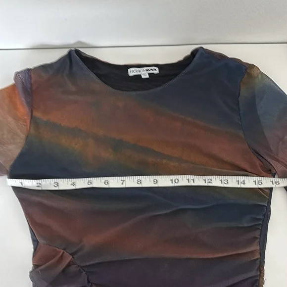 BodyCon Dress L Ruched Ombre Sunset Sheer Sleeves Y2K Dark Fairy Ethereal Grunge - Picture 4 of 15